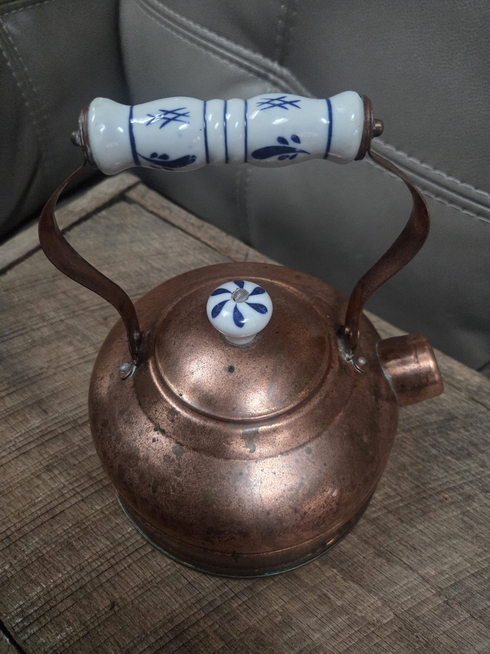Vintage Copper Teapot with Blue White Ceramic Handle and Knob ~ Bin R